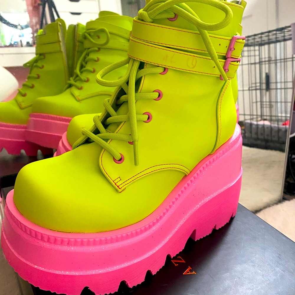 Demonia pink and green reflective shoes size 7